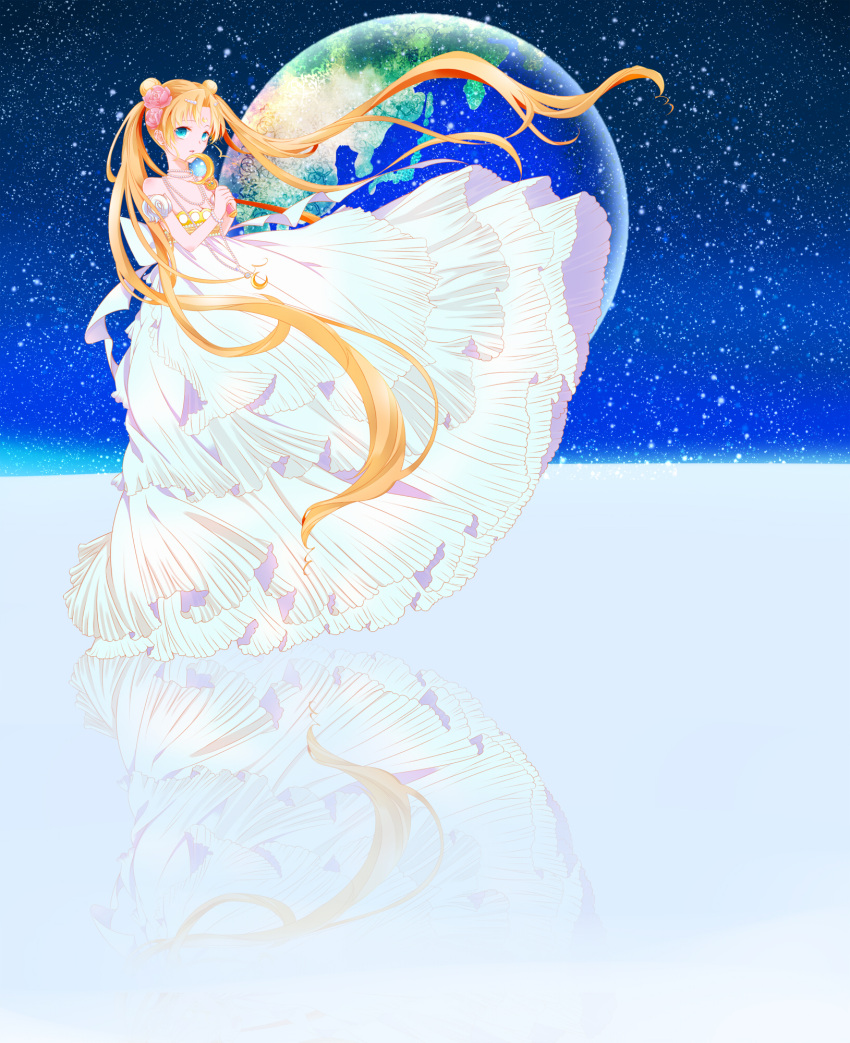1girl bishoujo_senshi_sailor_moon blonde_hair blue_eyes crescent double_bun dress facial_mark flower forehead_mark frills hair_flower hair_ornament hairpin highres jewelry long_hair moon_stick necklace pearl_necklace pink_rose planet princess_serenity reflection rose sky solo star_(sky) starry_sky strapless_dress tsukino_usagi twintails white_dress yami-dere