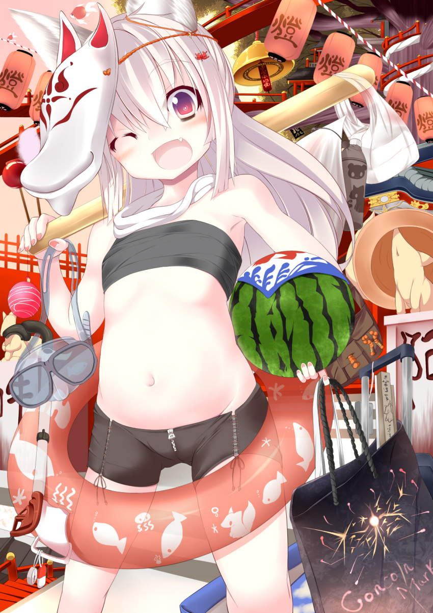 1girl animal_ears bag bandeau belly blush fang flat_chest food fox_ears fox_mask fruit goggles highres innertube lantern long_hair mask nail_polish navel original paper_lantern red_eyes shorts smile snorkel solo sukage swimsuit watermelon white_hair