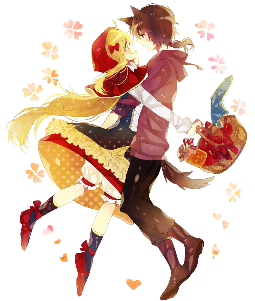 1boy 1girl animal_ears apple basket big_bad_wolf_(grimm) blonde_hair blue_eyes blush boots couple food fruit grimm's_fairy_tales hand_on_another's_cheek hand_on_another's_face heart hetero highres hood hug lingmuzi little_red_riding_hood little_red_riding_hood_(grimm) long_hair original ponytail smile very_long_hair wolf_ears