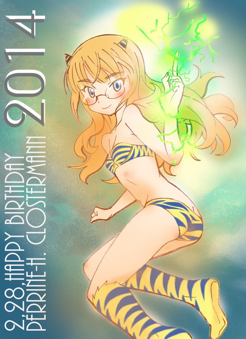 1girl 2014 absurdres bikini birthday blue_eyes boots character_name cosplay electricity flat_chest glasses happy_birthday highres horns index_finger_raised knee_boots lightning long_hair looking_at_viewer lum lum_(cosplay) multicolored_background oni orange_hair perrine_h_clostermann solo strike_witches swimsuit terao_hiroyuki tiger_print urusei_yatsura