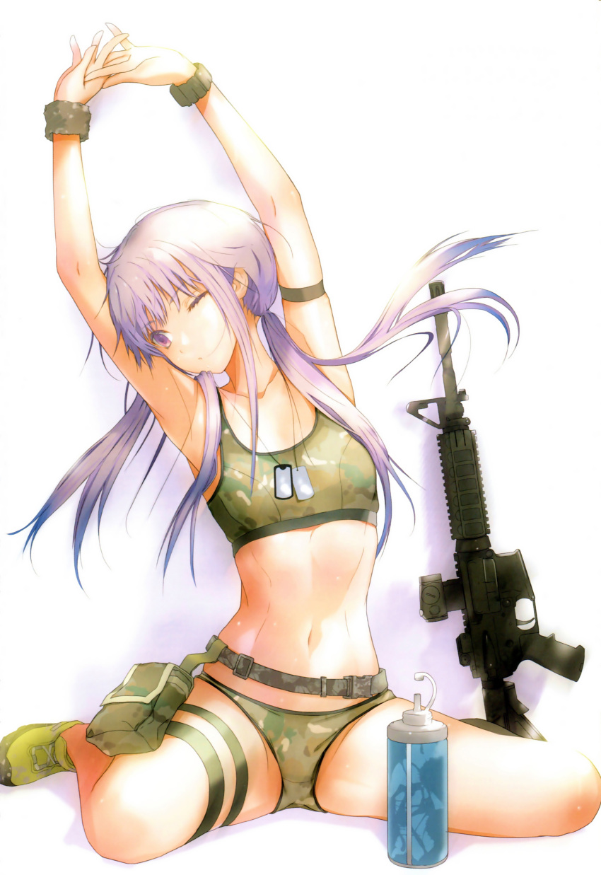 1girl absurdres armband arms_up assault_rifle bottle camouflage collarbone dog_tags fuyuno_haruaki gun highres long_hair low_twintails midriff navel purple_hair rifle scan sitting small_breasts solo sports_bra thigh_strap twintails violet_eyes wariza water_bottle weapon wink woodland_pattern wristband