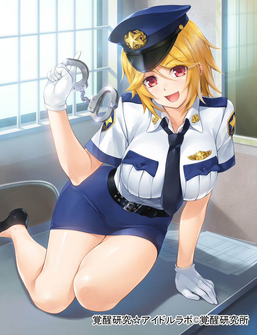 1girl arm_support belt blonde_hair breasts chair cuffs finger_twirl gloves handcuffs hat highres kakusei_kenkyuu_idol_lab large_breasts necktie official_art on_table paper police police_hat police_uniform policewoman red_eyes shoes short_hair sitting skirt smile solo table uniform wacchi yokozuwari