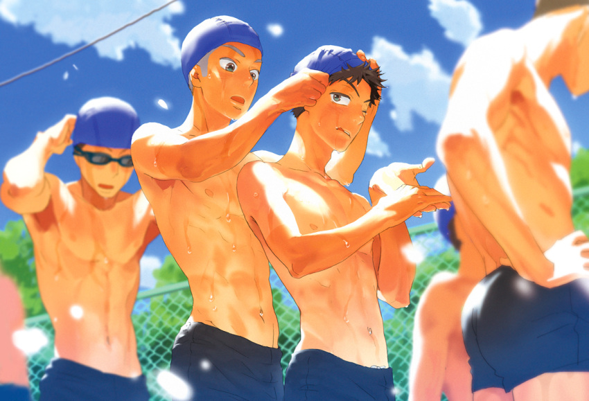 5boys abe_takaya abs adam's_apple ass blue_sky brown_eyes brown_hair buzz_cut chain-link_fence clouds da_kata dripping fence goggles grey_hair hanai_azusa hand_on_hip height_difference male multiple_boys muscle navel nipples ookiku_furikabutte open_mouth realistic sky soft_focus sunlight swim_briefs swim_cap swimsuit tan tanline tongue topless tree wet wince