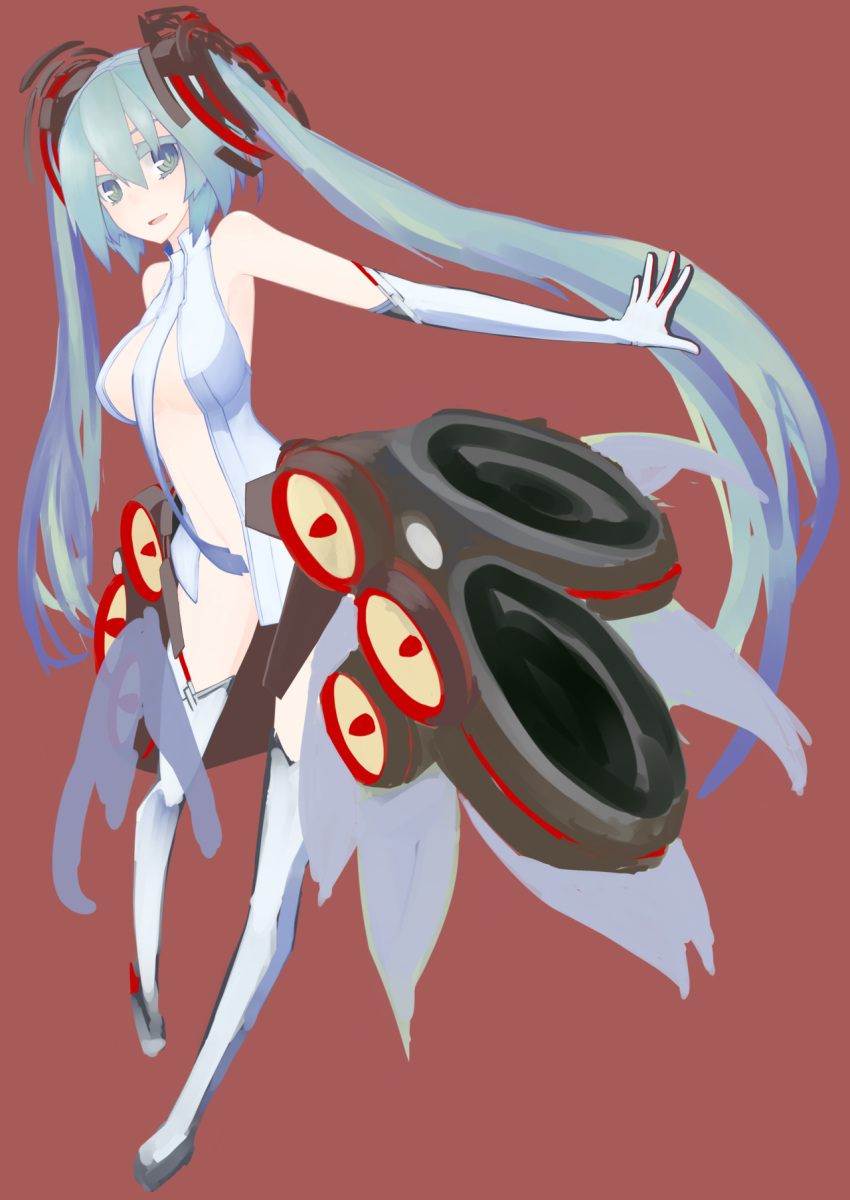 1girl breasts elbow_gloves gloves hatsune_miku highres long_hair looking_at_viewer mikoto_(oi_plus) miku_append simple_background smile solo twintails very_long_hair vocaloid vocaloid_append white_background