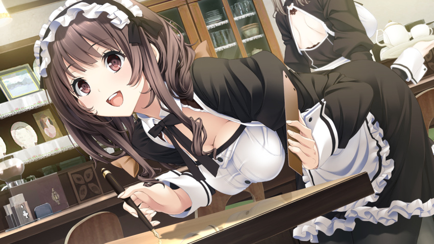 2girls bent_over black_hair breasts cleavage female game_cg happy high_res hoshimi_tsukuyo kiss_ato large_breasts long_hair looking_away maid maid_headdress mikoto_akemi multiple_girls open_mouth pantyhose pen red_eyes smile standing table