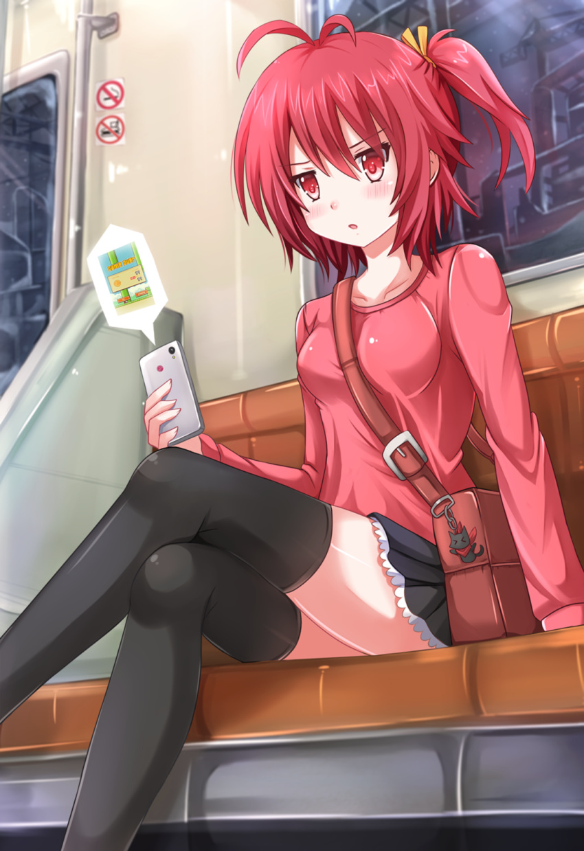 &gt;_&lt; 1girl ahoge antenna_hair bag black_legwear cat cellphone flappy_bird highres kazenokaze keychain nichijou original parted_lips phone redhead sakamoto_(nichijou) short_hair side_ponytail smartphone solo speech_bubble thighhighs train train_interior