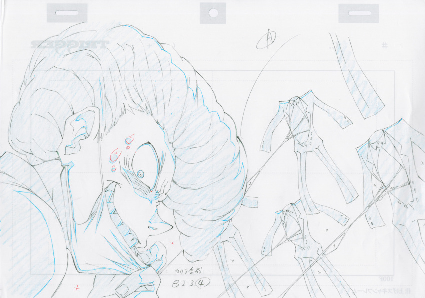 1boy color_trace commentary extra highres key_frame kill_la_kill living_clothes male official_art pompadour production_art sketch spoilers surgical_mask sweat trigger_(company)