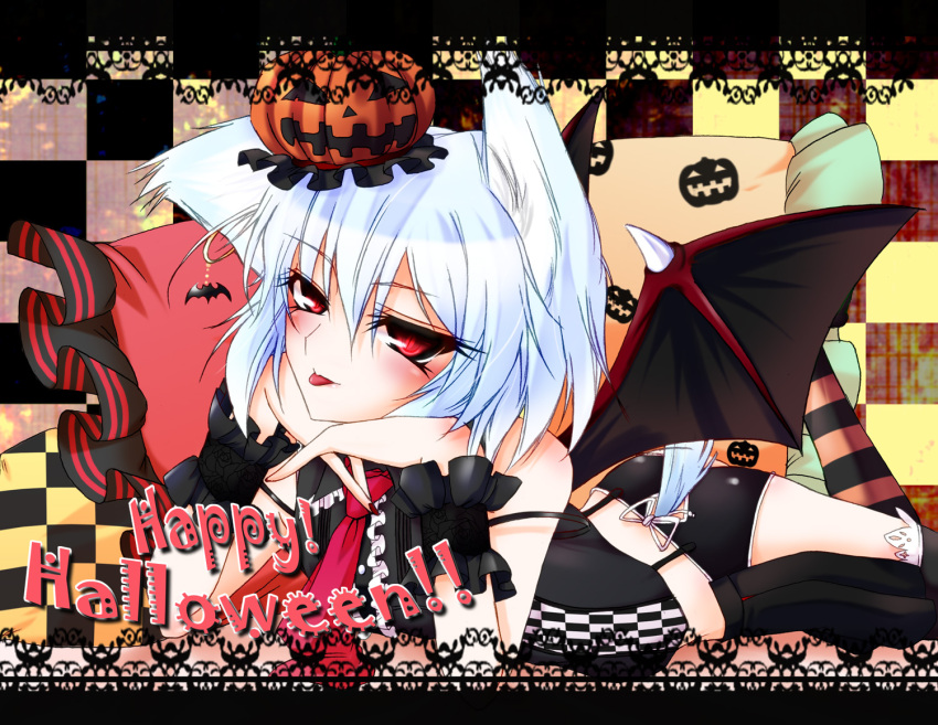 bad_id bare_shoulders bat_wings cat_ears cat_tail halloween hazuki_rui panties pillow pumpkin red_eyes remilia_scarlet short_hair silver_hair solo striped striped_legwear striped_thighhighs tail thigh-highs thighhighs tongue touhou underwear wings