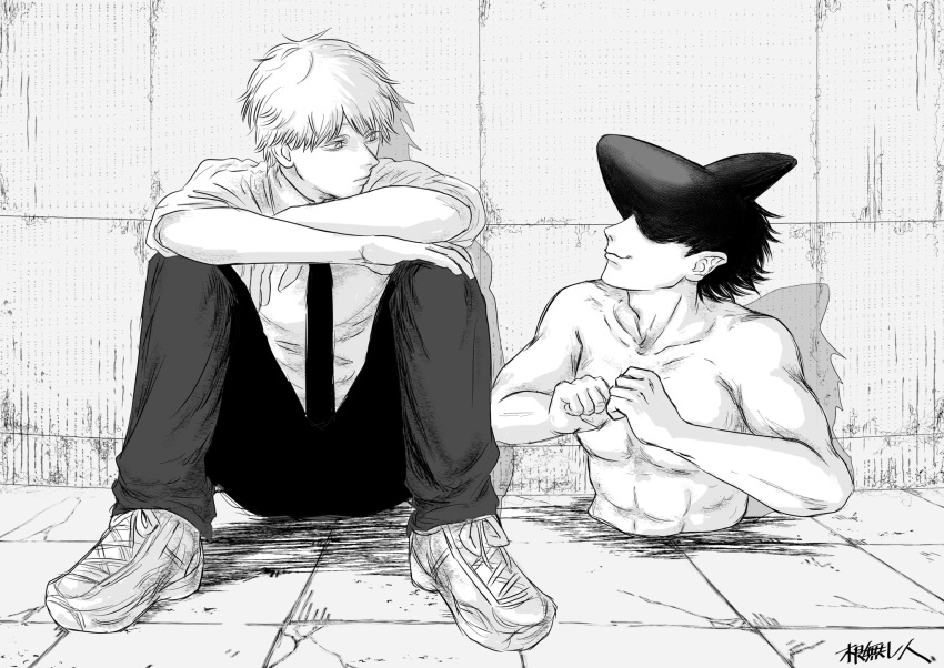 2boys beam_(chainsaw_man) black_hair chainsaw_man collared_shirt denji_(chainsaw_man) facing_another greyscale highres looking_at_viewer monochrome multiple_boys necktie nenashibito shark_boy shirt short_hair sitting sleeves_rolled_up smile topless_male