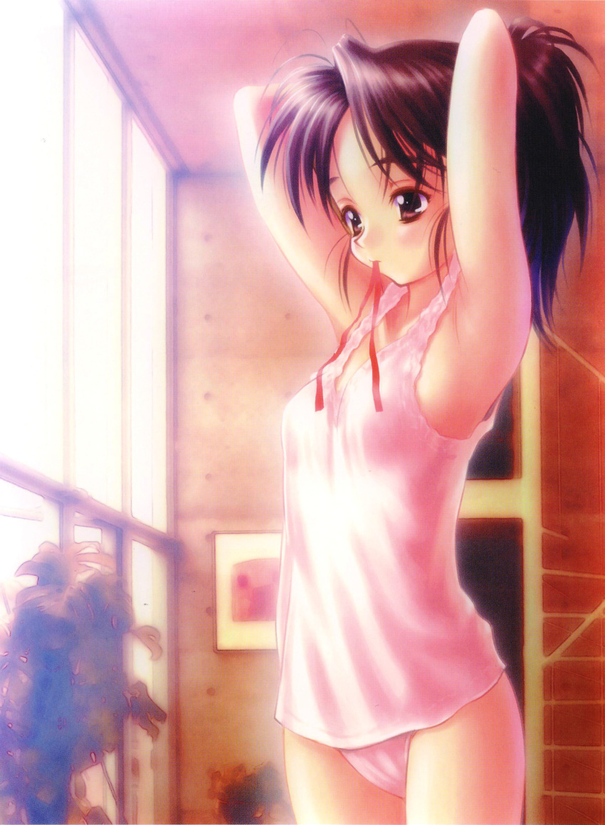 armpits goto_p hairdressing highres lingerie mouth_hold original panties ponytail ribbon solo undershirt underwear