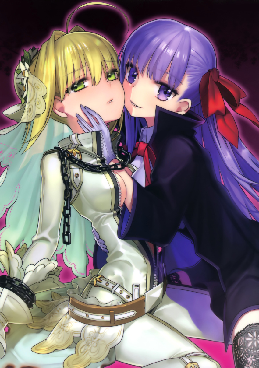2girls absurdres ahoge bb_(fate/extra_ccc) bdsm belt between_breasts black_legwear blonde_hair bodysuit buckle chain couple fate/extra_ccc fate_(series) gloves green_eyes hair_ribbon hand_on_another's_cheek hand_on_another's_face highres hug lace lace-trimmed_thighhighs lock long_hair looking_at_viewer multiple_girls padlock parted_lips purple_hair ribbon saber_bride saber_extra short_hair simple_background sitting smile thigh-highs veil violet_eyes wada_aruko wariza white_gloves yuri zipper
