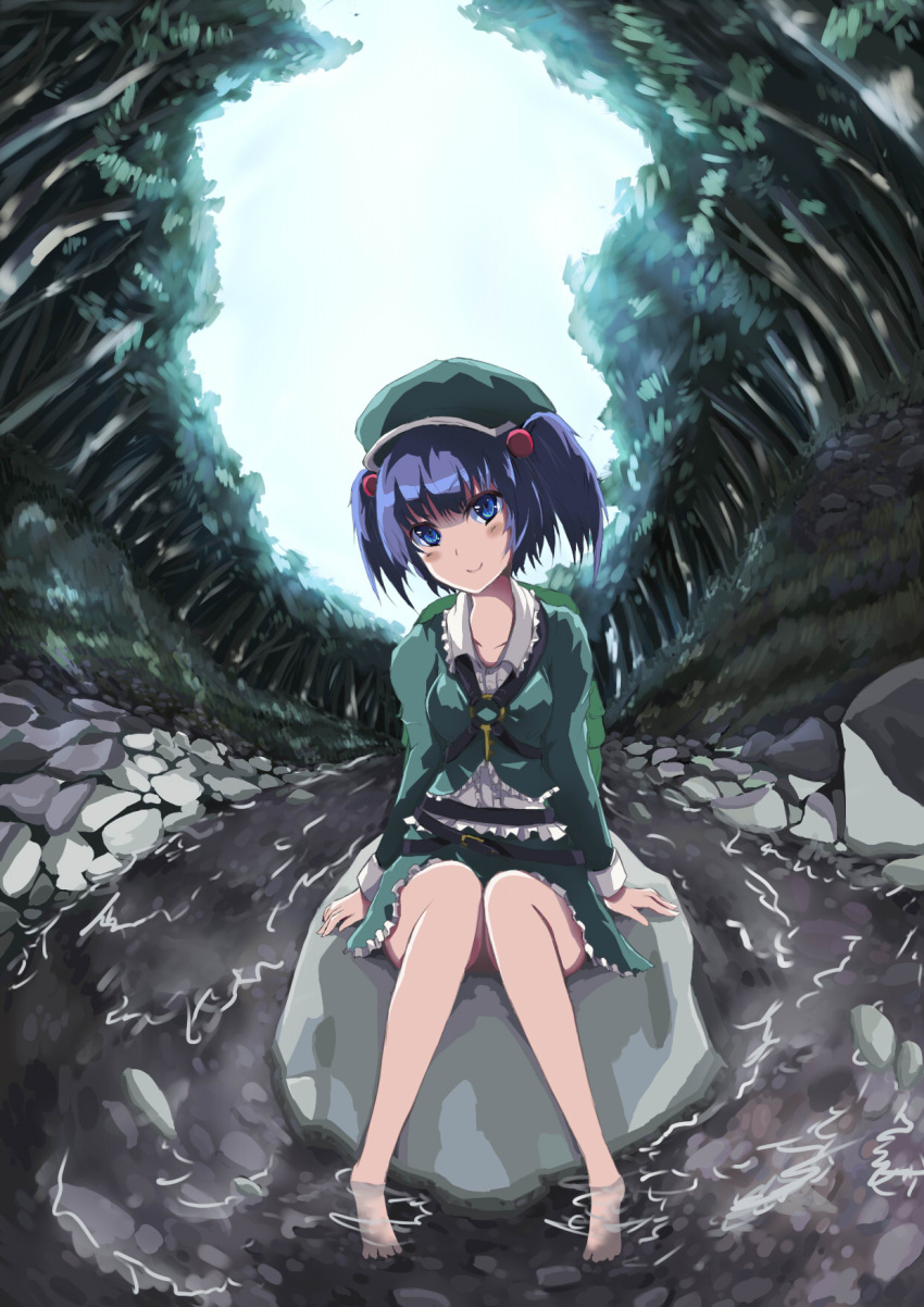 ayaya backpack bag barefoot blue_eyes blue_hair feet_in_water forest hair_bobbles hair_ornament hat highres kawashiro_nitori key nature river rock sitting sitting_on_rock smile soaking_feet solo touhou twintails water