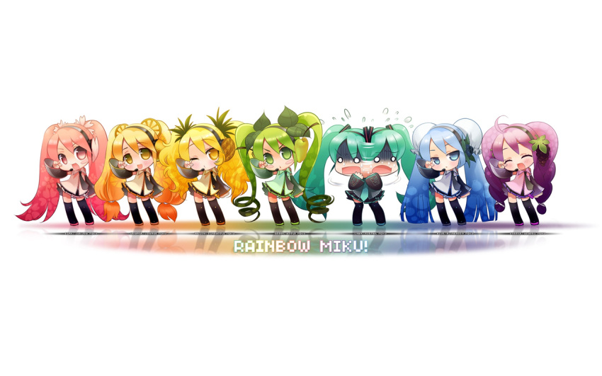 alternate_color alternate_hairstyle apple blueberry cherry_blossoms chibi detached_sleeves earmuffs food food_themed_clothes fruit grapes hatsune_miku headphones headset neko_sakana orange pineapple rainbow_colours thigh-highs twintails v vocaloid