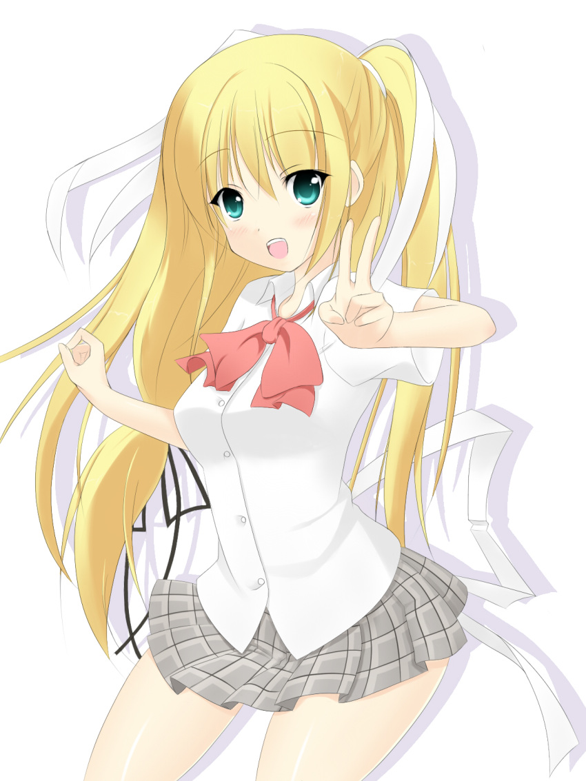 green_eyes highres hotto_kan little_busters! little_busters!! long_hair school_uniform solo tokido_saya twintails v