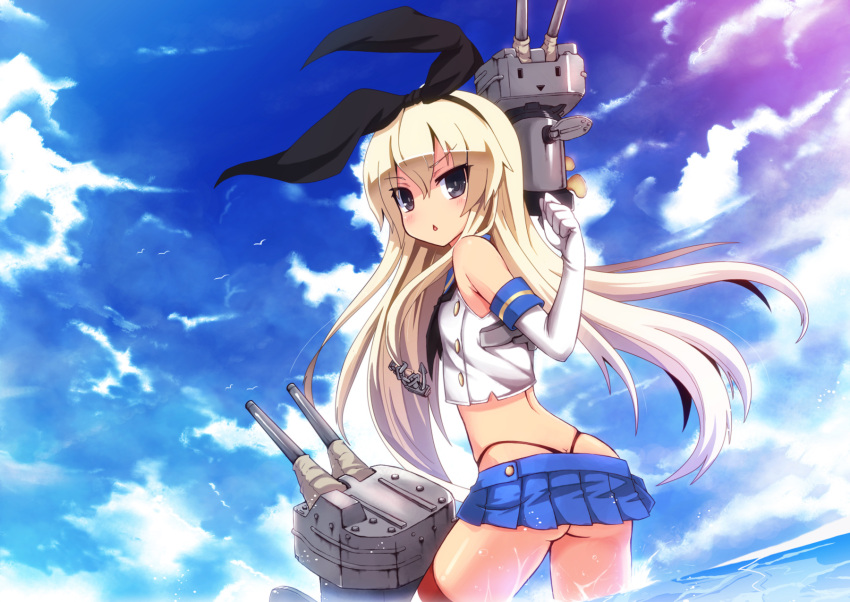 1girl anchor black_eyes blonde_hair blush elbow_gloves gloves hairband highres kantai_collection long_hair looking_at_viewer personification rensouhou-chan shimakaze_(kantai_collection) skirt striped striped_legwear thighhighs uiu white_gloves