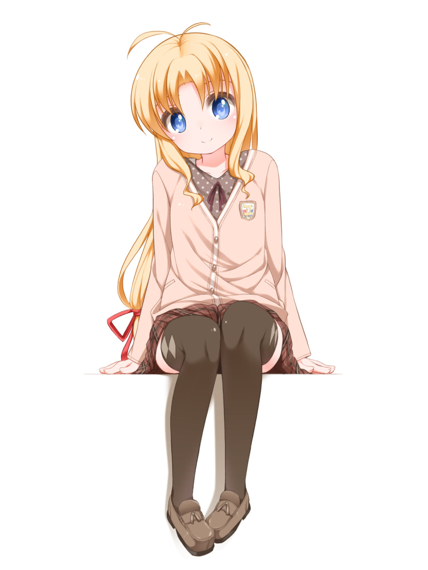 1girl antenna_hair argyle argyle_legwear black_legwear blonde_hair blue_eyes blush cardigan emblem hair_ribbon highres kashiwagi_hatsune kizuato loafers long_hair plaid plaid_skirt polka_dot ribbon school_uniform shoes shouji_ayumu silhouette simple_background sitting skirt sleeves_past_wrists smile solo sweater thighhighs very_long_hair white_background