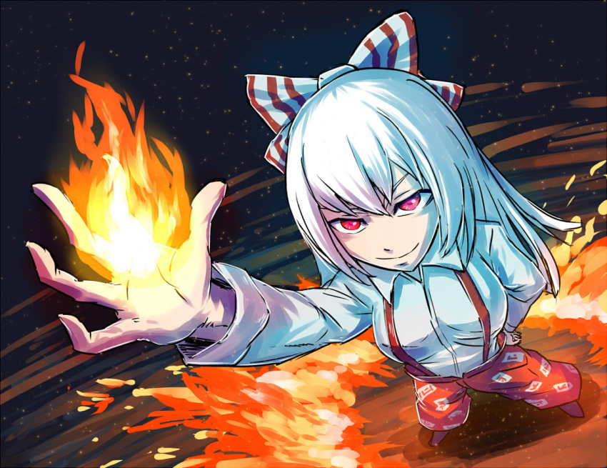1girl bow fire foreshortening from_above fujiwara_no_mokou hair_bow horaemon03 long_hair open_hand pants red_eyes ribbon silver_hair smile solo suspenders touhou very_long_hair