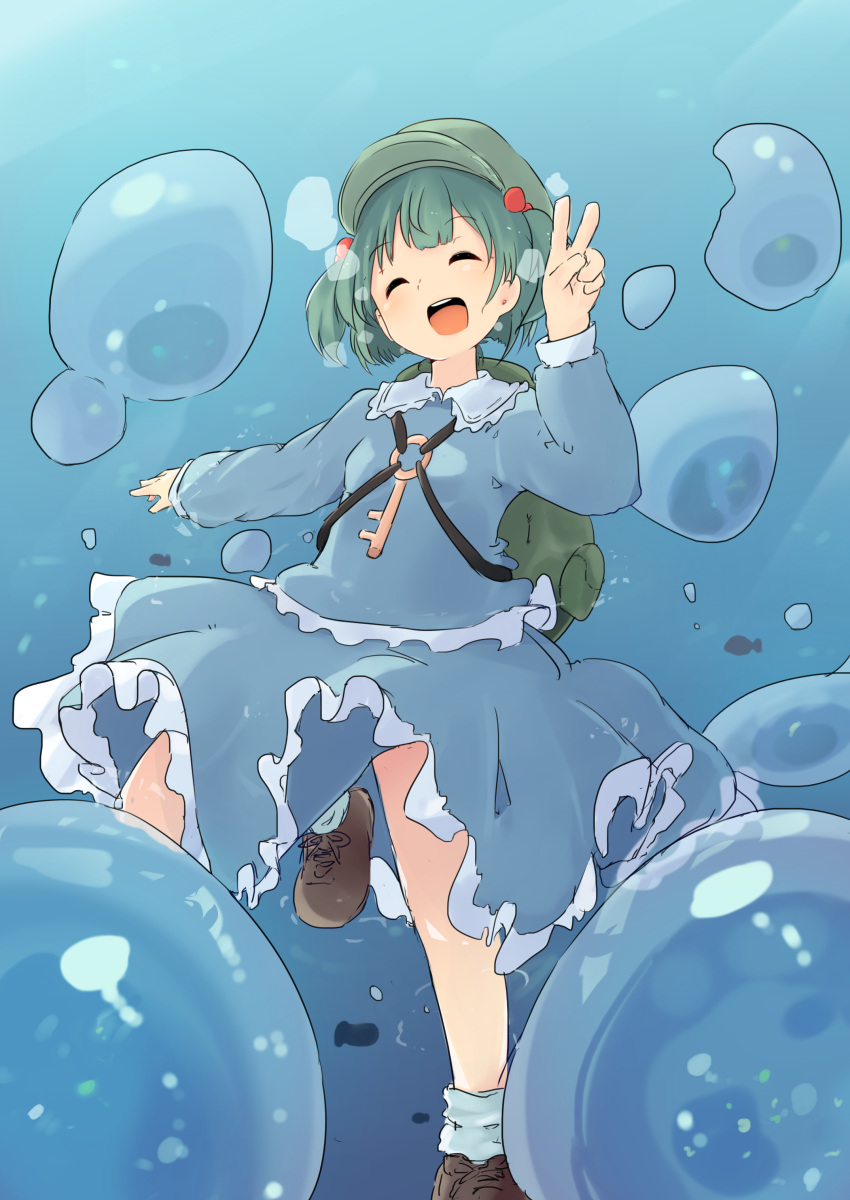1girl absurdres backpack bag blue_hair bubble dress hair_bobbles hair_ornament hands_up hat highres kawashiro_nitori key legs long_sleeves omotin open_mouth peace_symbol pocket shirt shoes short_hair skirt skirt_set smile socks solo sunbeam sunlight touhou twintails underwater v wet wet_clothes