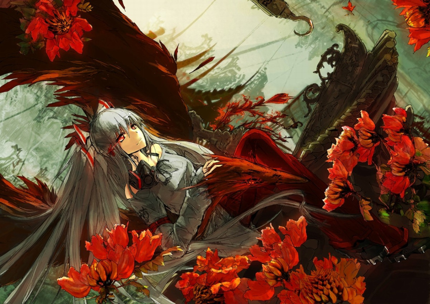 1girl alternate_costume armband bird bow cleats contemporary east_asian_architecture expressionless flower fujiwara_no_mokou gas_mask hair_bow hook long_hair long_sleeves lowlight_kirilenko pants petting phoenix red_eyes rooftop silver_hair sitting solo touhou