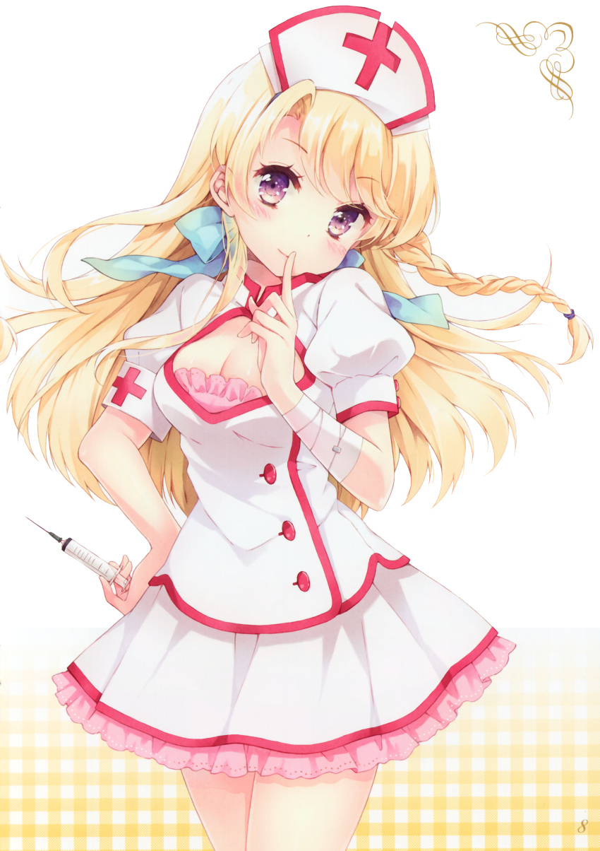 1girl absurdres blonde_hair braid breasts cleavage dress female finger_to_mouth hand_on_hip hat highres kono_naka_ni_hitori_imouto_ga_iru! kunitachi_rinka mottsun nurse nurse_cap violet_eyes