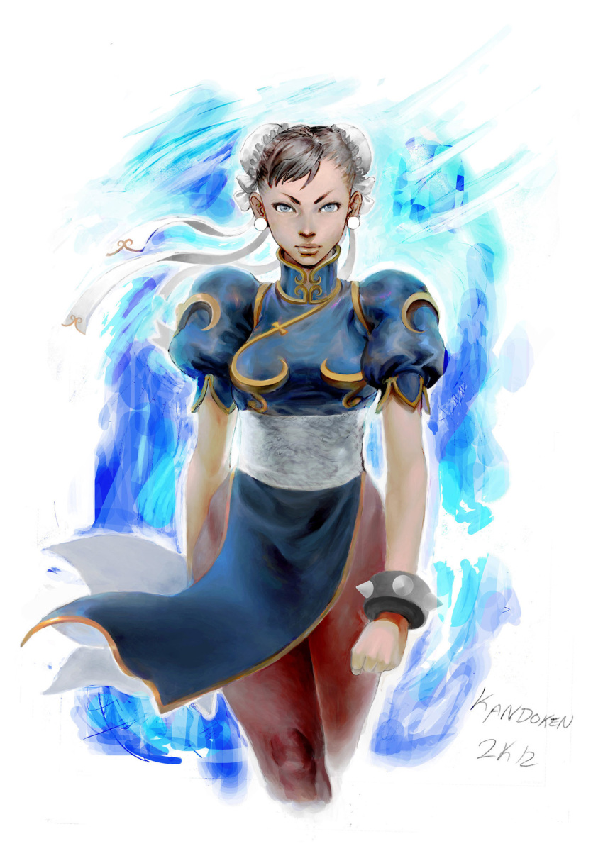 1girl blue_eyes bracelet brown_hair bun_cover china_dress chinese_clothes chun-li cropped_legs double_bun earrings eyebrows highres jewelry lips nose pantyhose puffy_sleeves sash short_hair solo spiked_bracelet spikes steven_mack street_fighter tsurime walking wind