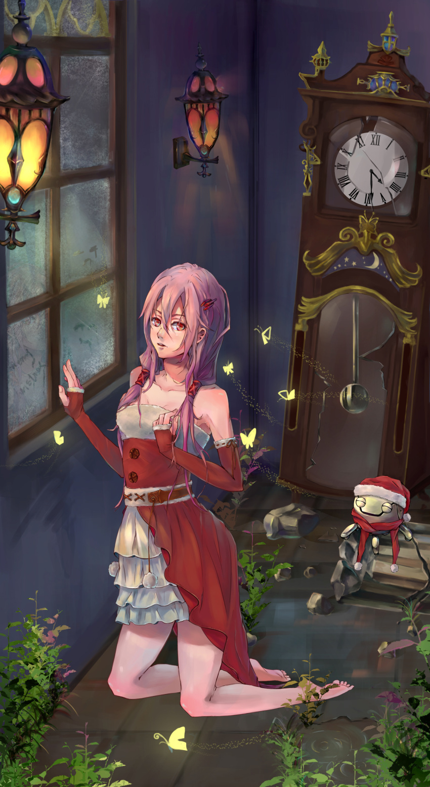 1girl absurdres bare_shoulders barefoot breasts cleavage clock dress elbow_gloves fingerless_gloves fyu-neru gloves grandfather_clock guilty_crown hair_ornament hairclip hat highres long_hair looking_at_viewer pink_hair red_eyes santa_hat sitting solo twintails yuzuriha_inori