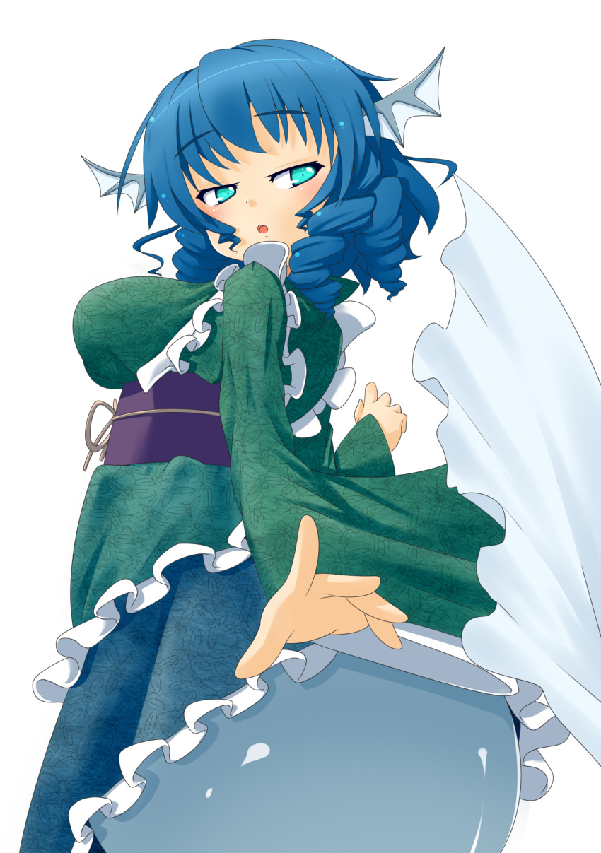 1girl animal_ears blue_eyes blue_hair breasts head_fins highres himenomikan japanese_clothes kimono large_breasts long_sleeves looking_back mermaid monster_girl obi open_mouth sash short_hair simple_background solo touhou wakasagihime white_background wide_sleeves