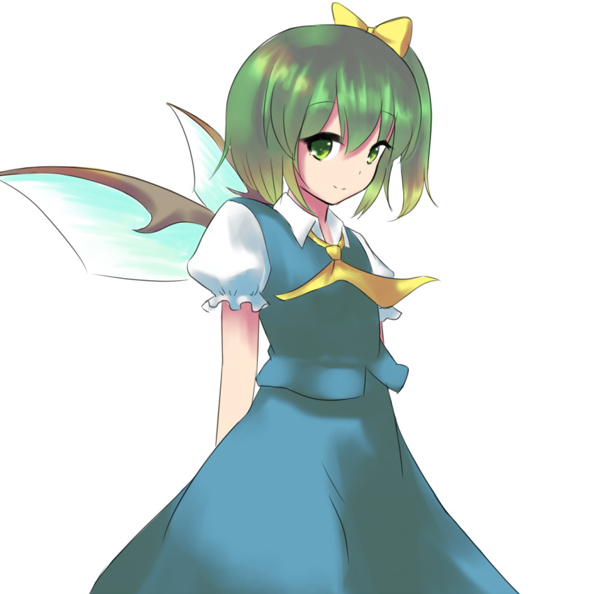 1girl arms_behind_back ascot bust cowboy_shot daiyousei fairy_wings green_eyes green_hair hair_ribbon head_tilt highres looking_at_viewer orinpachu puffy_short_sleeves puffy_sleeves ribbon short_hair short_sleeves side_ponytail simple_background skirt skirt_set smile solo touhou white_background wings