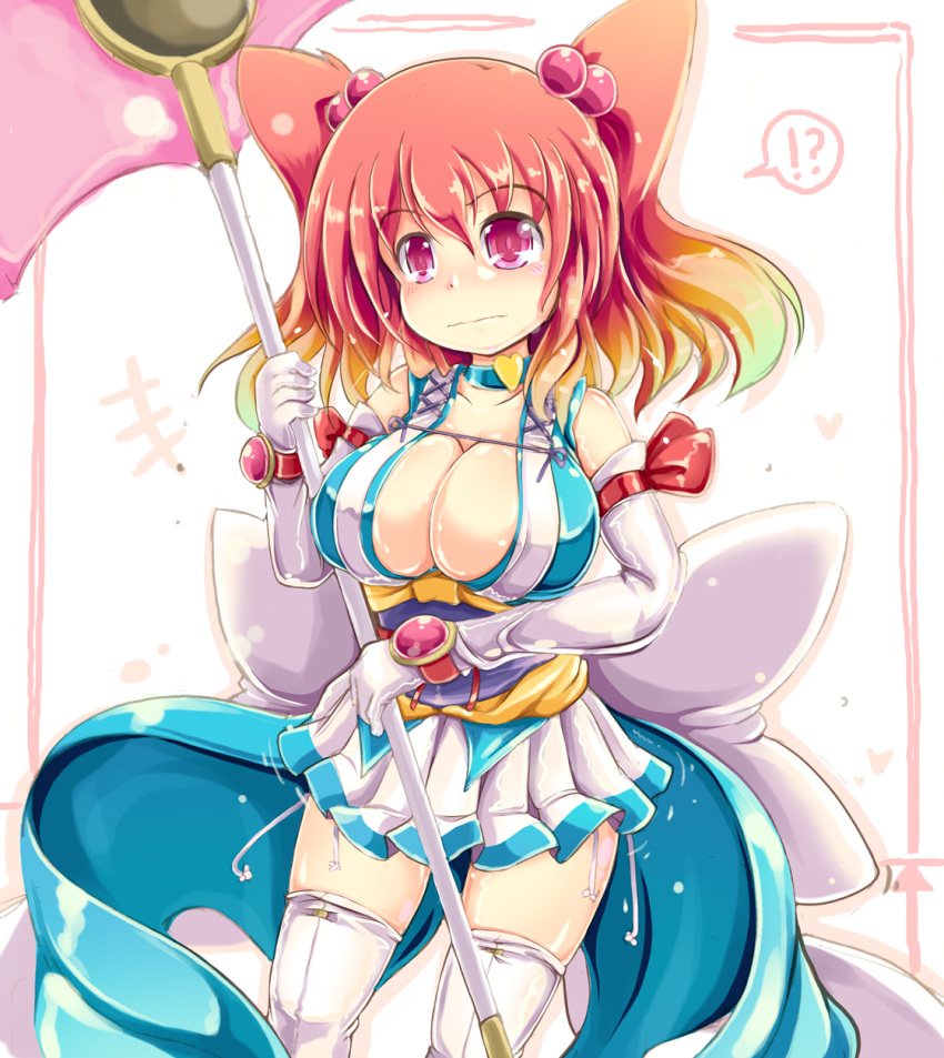 !? 1girl adapted_costume blush bow breasts cleavage elbow_gloves gloves hair_bow highres ichirino_minagi magical_girl onozuka_komachi red_eyes redhead scythe shiny shiny_skin skindentation solo thighhighs touhou twintails white_legwear