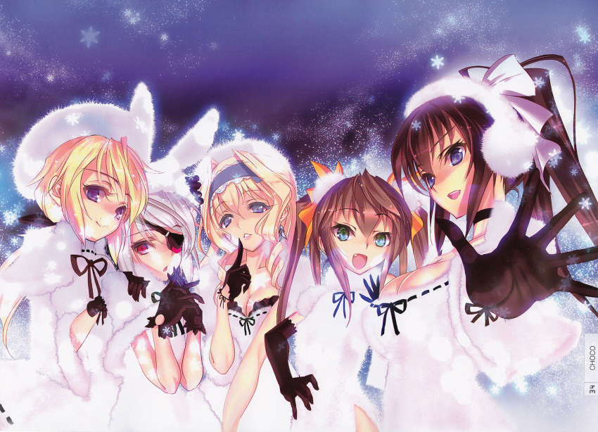 5girls animal_ears black_hair blonde_hair blue_eyes brown_hair cecilia_alcott charlotte_dunois choco earmuffs earrings eyepatch gloves green_eyes hair_ornament hair_ribbon hand_to_own_mouth highres huang_lingyin infinite_stratos jewelry laura_bodewig looking_at_viewer multiple_girls open_mouth rabbit_ears red_eyes ribbon shinonono_houki silver_hair sky smile snow winter