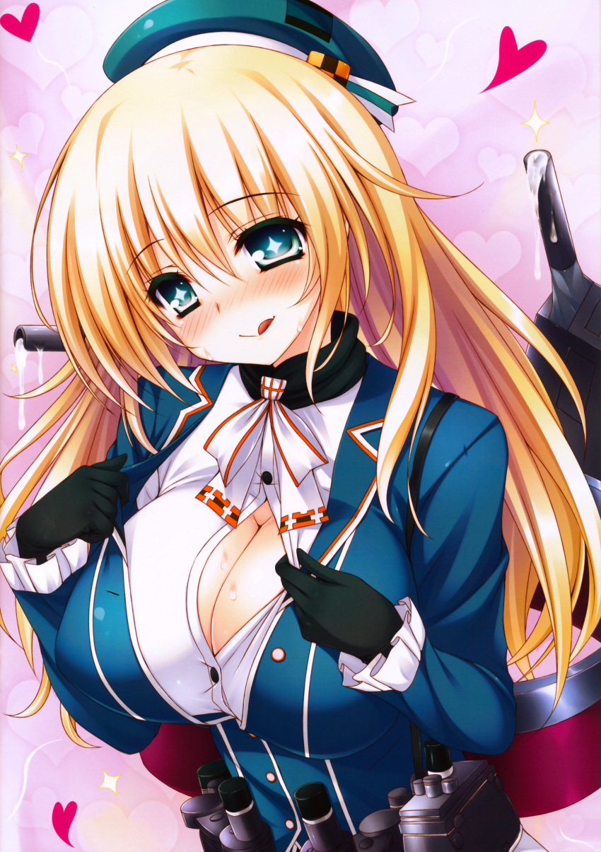 +_+ 1girl 2-g :q absurdres atago_(kantai_collection) blonde_hair blue_eyes blush breasts cleavage dripping full-face_blush highres kantai_collection large_breasts tongue turret undressing