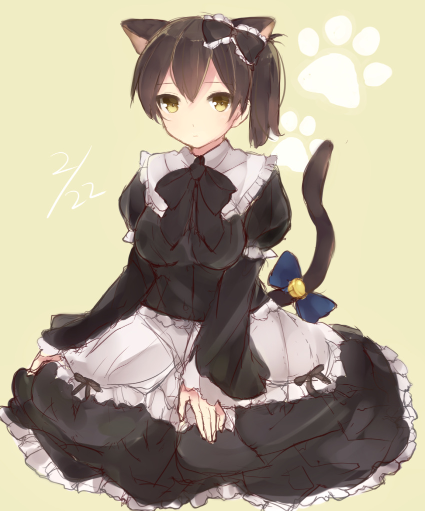 1girl alternate_costume animal_ears bell bow breasts brown_hair cat_ears cat_tail dated frills gothic_lolita hair_bow highres kaga_(kantai_collection) kantai_collection kemonomimi_mode komachi_naruta lolita_fashion personification rough short_hair side_ponytail solo tail tail_bell tail_bow