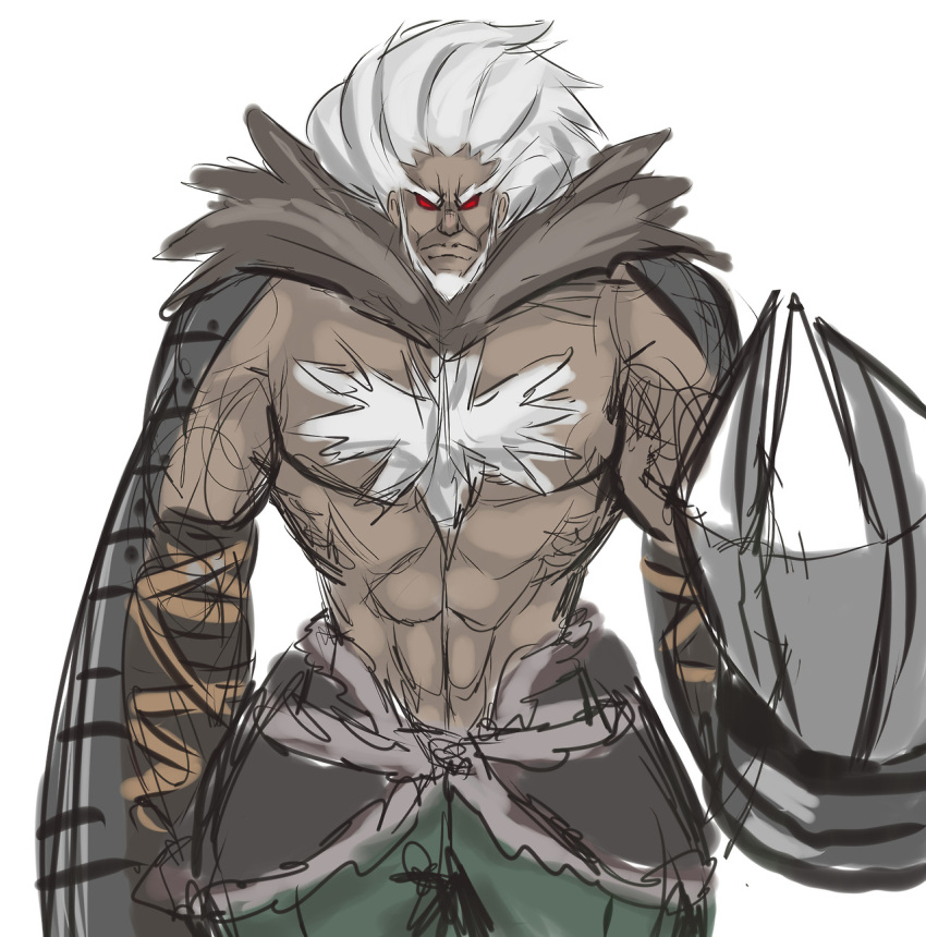 1boy abs beard chest_hair claws dark_skin eyebrows facial_hair highres mechanical_arms oversize_forearms red_eyes red_seiryu rough shirtless solo under_night_in-birth waldstein white_hair