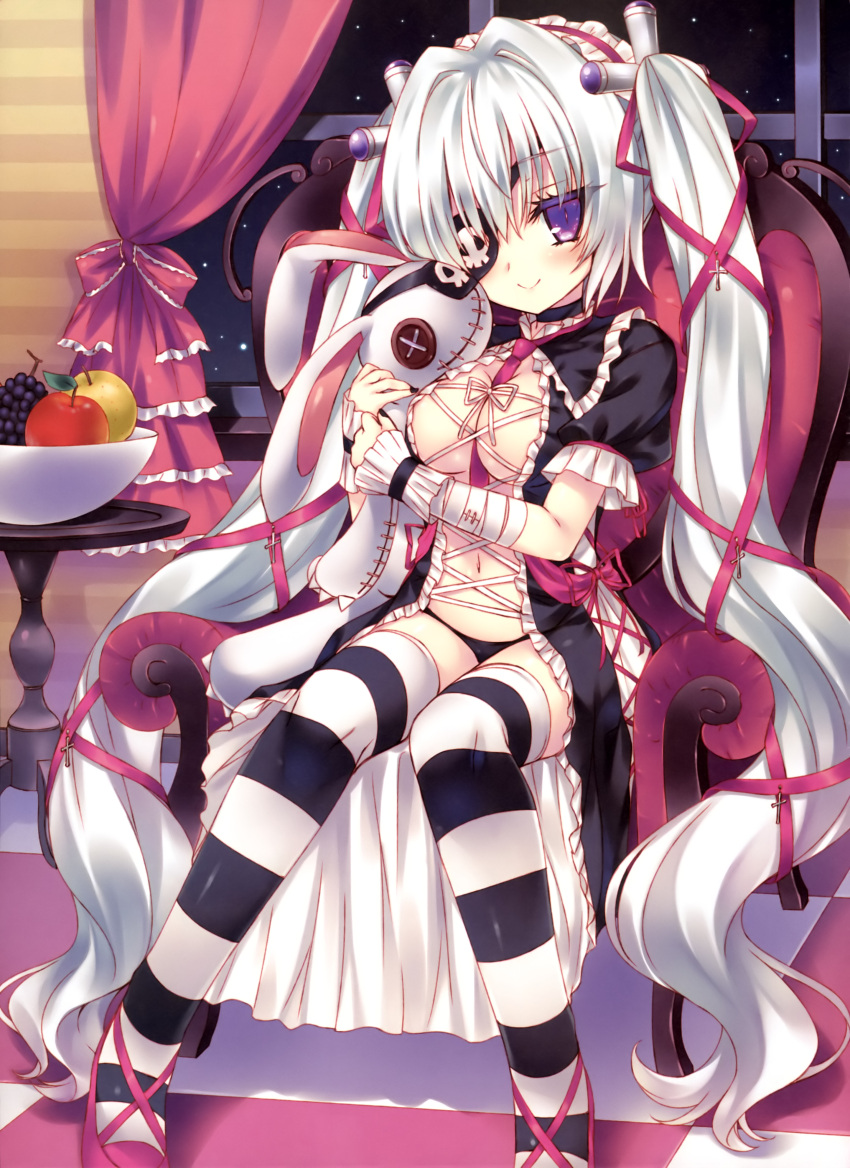 1girl absurdres ani_(artist) between_breasts black_legwear black_panties breasts center_opening chair curtains fruit_bowl grey_hair highres lolita_fashion necktie necktie_between_breasts no_bra panties striped striped_legwear stuffed_animal stuffed_bunny stuffed_toy table thighhighs twintails underwear violet_eyes white_background window