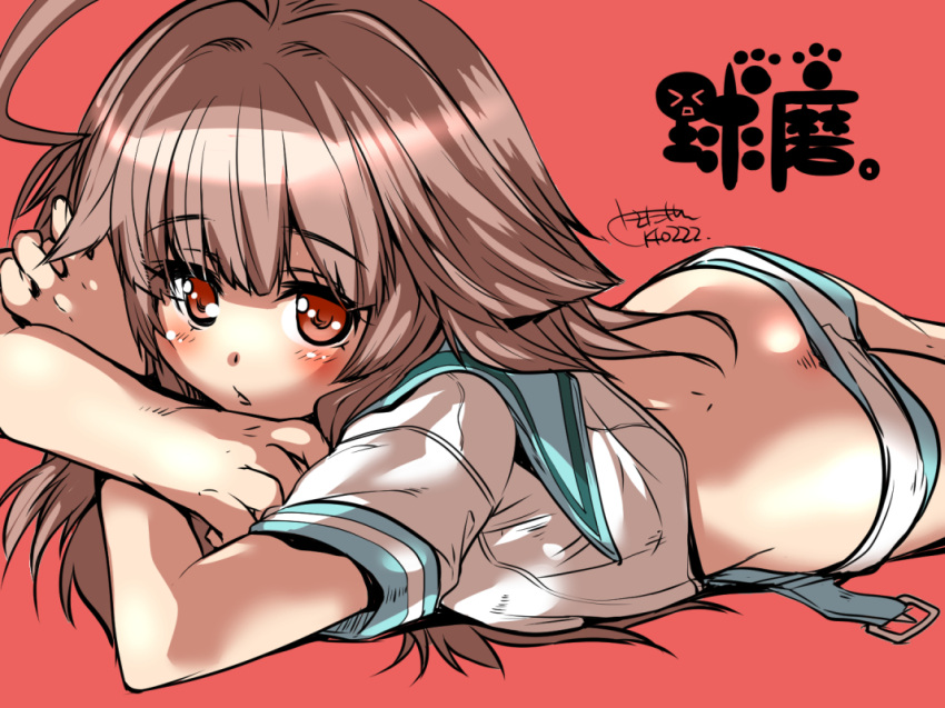 1girl ahoge ass blush brown_hair butt_crack kantai_collection kuma_(kantai_collection) long_hair lying on_stomach sailor shorts solo tokita_monta translation_request