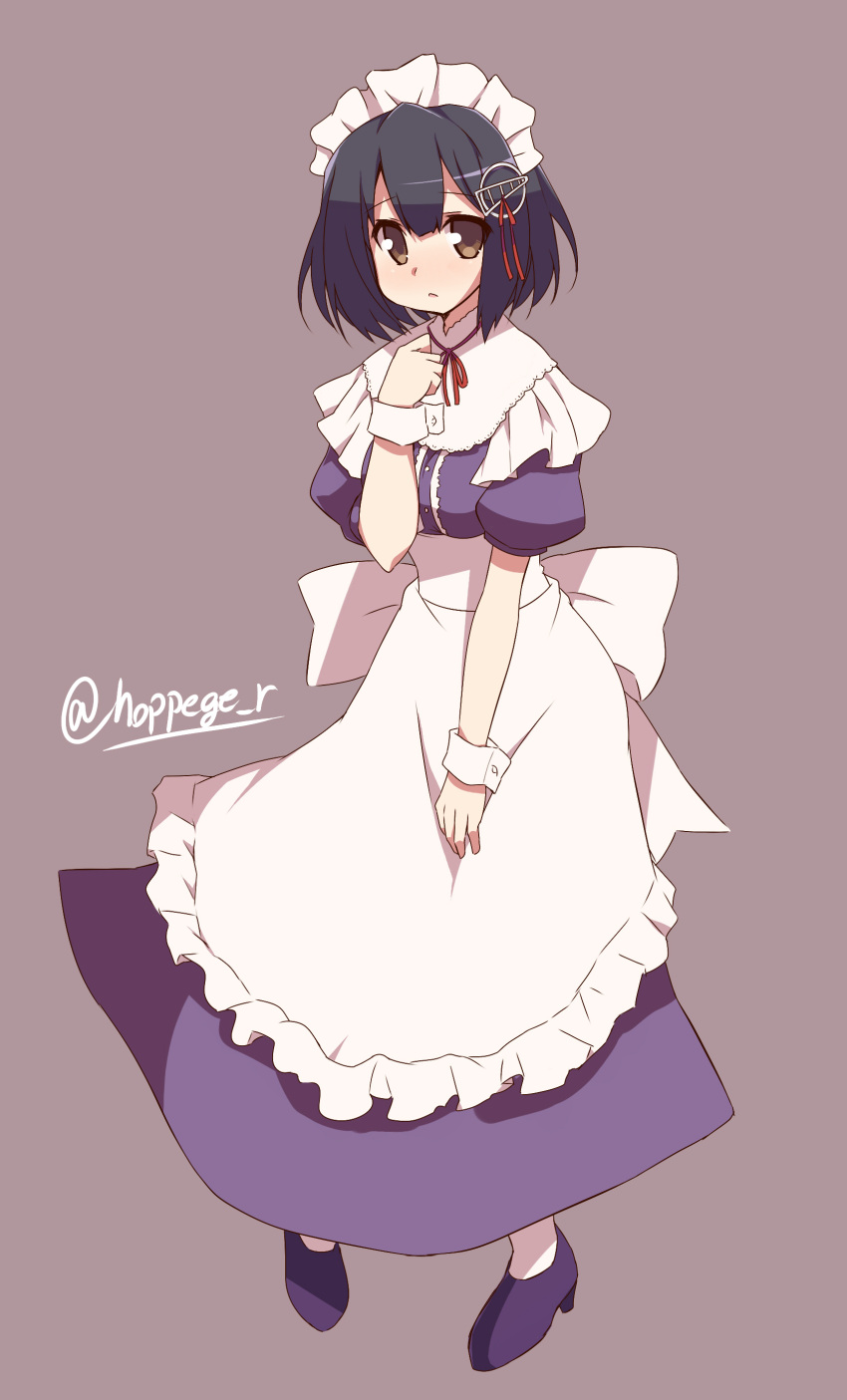 1girl absurdres alternate_costume apron black_hair brown_eyes dress enmaided haguro_(kantai_collection) hair_ornament highres hoppege kantai_collection maid maid_headdress open_mouth pantyhose personification short_hair solo twitter_username waist_apron