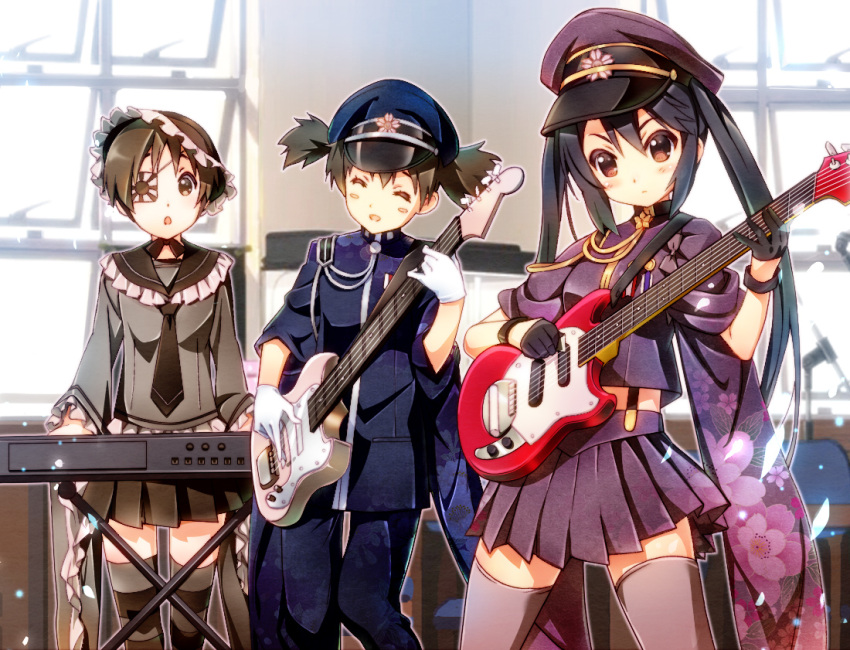 3girls black_hair brown_eyes brown_hair cosplay eyepatch gloves guitar hat hirasawa_ui instrument k-on! long_hair military military_uniform multiple_girls nakano_azusa nyoronyoro peaked_cap pleated_skirt ponytail rising_sun sailor_collar senbon-zakura_(vocaloid) short_hair skirt suspenders suzuki_jun synthesizer thigh-highs twintails uniform