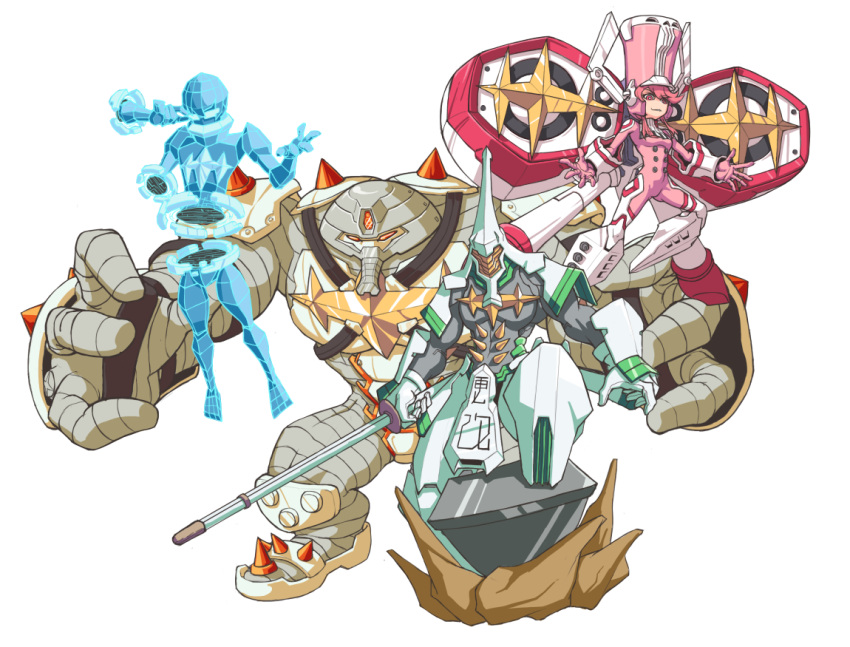 1girl 3boys armor blade_regalia bodysuit flying full_armor gamagoori_ira glasses gloves hat helmet inumuta_houka jakuzure_nonon kill_la_kill multiple_boys payot pink_eyes pink_hair probe_regailia sanageyama_uzu scourge_regalia shako_cap shinai short_hair sin.t.k smile speaker sword symphony_regalia weapon white_background