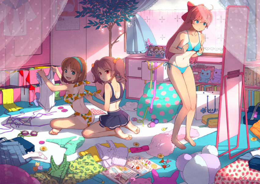 3girls :d ari-15 barefoot bikini blue_eyes bob_cut bow breast_conscious brown_hair casual_one-piece_swimsuit clothes_on_floor curtains dressing floral_print green_eyes hair_bow hairband holding_swimsuit long_hair magazine multiple_girls navel one-piece_swimsuit one-piece_tan open_mouth original photo_(object) pink_hair polka_dot print_swimsuit purple_hair red_eyes short_hair sitting smile strawberry_print swimsuit tan tankini tanline twintails window