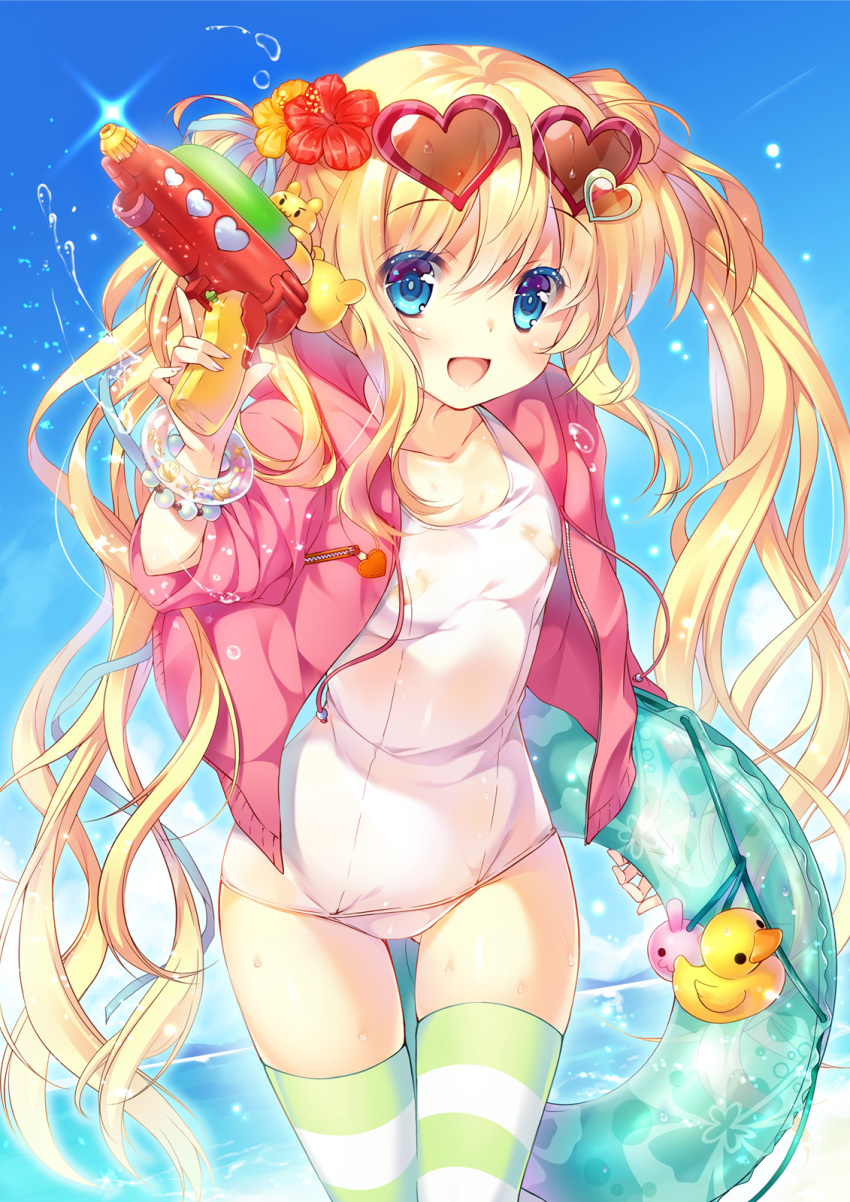 1girl :d blonde_hair blue_eyes blush bracelet flower hair_flower hair_ornament heart heart-shaped_sunglasses highres hoodie innertube jacket jewelry long_hair miwabe_sakura one-piece_swimsuit open_clothes open_jacket open_mouth original school_swimsuit smile solo striped striped_legwear sunglasses sunglasses_on_head swimsuit swimsuit_under_clothes thighhighs twintails water water_gun white_school_swimsuit white_swimsuit