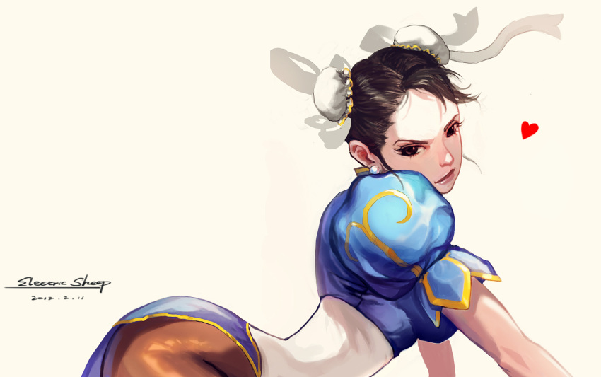 1girl arched_back brown_hair bun_cover china_dress chinese_clothes chun-li dated double_bun earrings electric_sheep heart jewelry looking_at_viewer pantyhose solo street_fighter