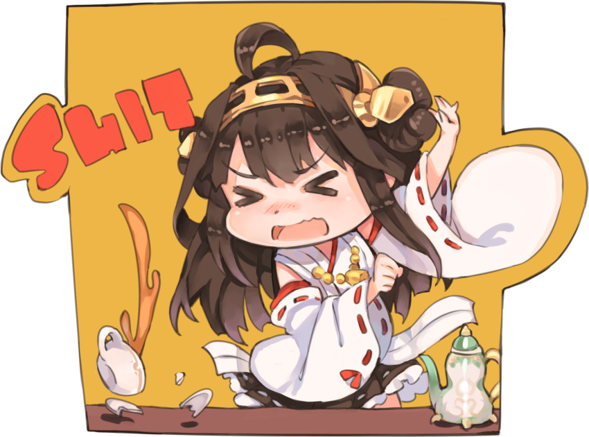 &gt;_&lt; 1girl ahoge breaking broken brown_hair chibi cup detached_sleeves double_bun english hairband hao_(patinnko) highres japanese_clothes kantai_collection kongou_(kantai_collection) long_hair open_mouth personification profanity ribbon-trimmed_sleeves ribbon_trim saucer solo spilling teacup teapot wavy_mouth