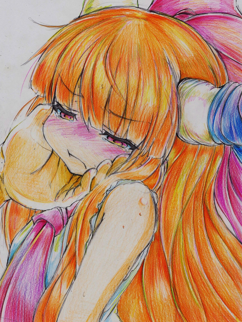 1girl absurdres blush bow colored_pencil hair_bow hand_on_another's_cheek hand_on_another's_face highres horns ibuki_suika long_hair nichibotsu_(kitaziman) orange_hair pencil pout red_eyes solo_focus tears touhou