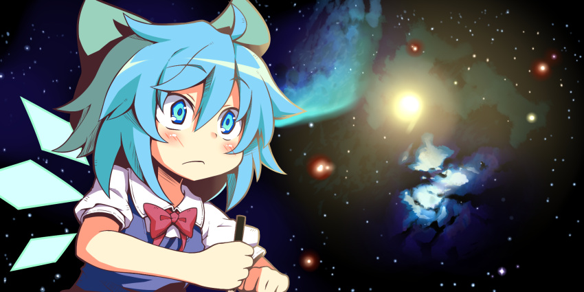 1girl blue_eyes blue_hair bow cirno dorowa_no_hito hair_bow highres ice ice_wings pen solo touhou universe wings