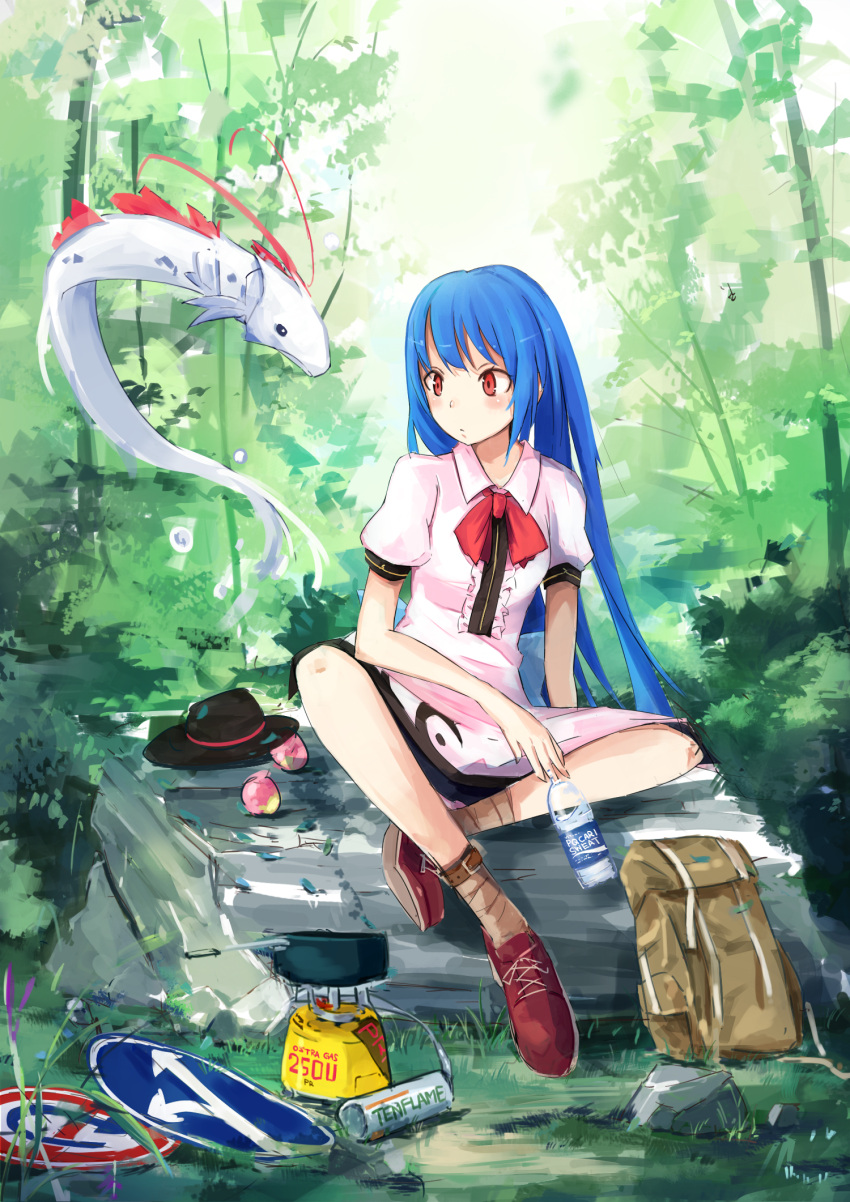 1girl backpack bag blue_hair bottle food forest fruit hat highres hinanawi_tenshi long_hair nagae_iku nagae_iku_(fish) nature oarfish pan peach red_eyes road_sign saucepan sign sitting tagme tetsurou_(fe+) touhou water_bottle