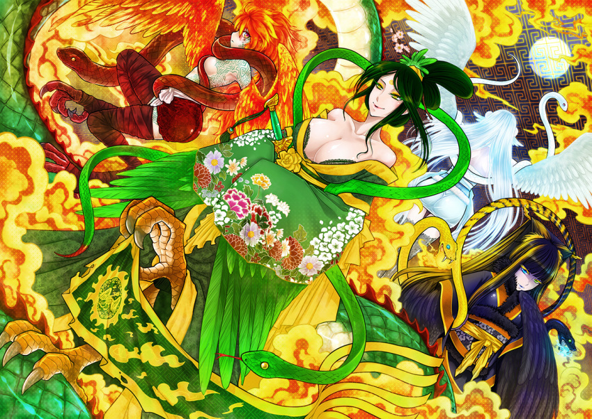 4girls antaria ass bare_shoulders black_hair blue_eyes breasts character_request chinese_clothes chinese_mythology cleavage collarbone dutch_angle feathers floral_print green_eyes green_hair hanfu heterochromia huge_breasts multiple_girls personification red_eyes redhead sheath sheathed snake sword thigh_gap topless unmoving_pattern weapon wings