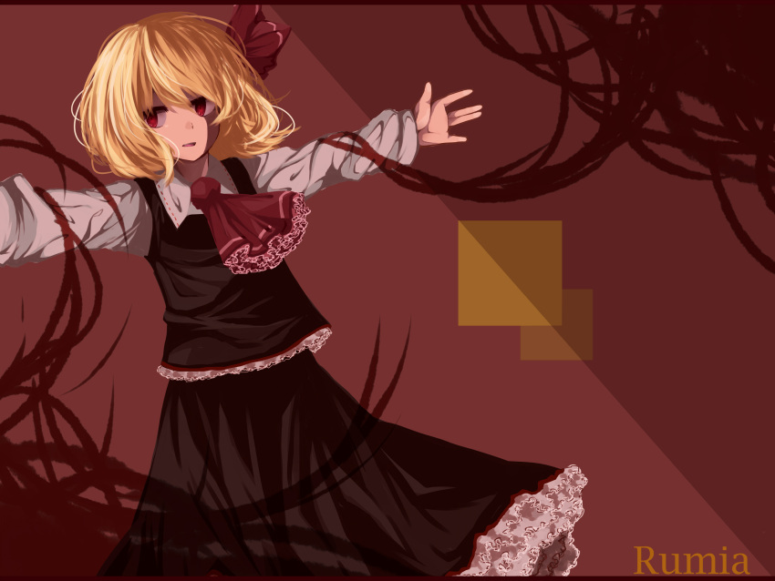 1girl absurdres ascot black_dress black_skirt blonde_hair character_name dress dress_shirt frilled_skirt frills glance hair_ribbon highres hikage open_mouth outstretched_arms red_background red_eyes ribbon rumia shirt short_hair skirt solo touhou