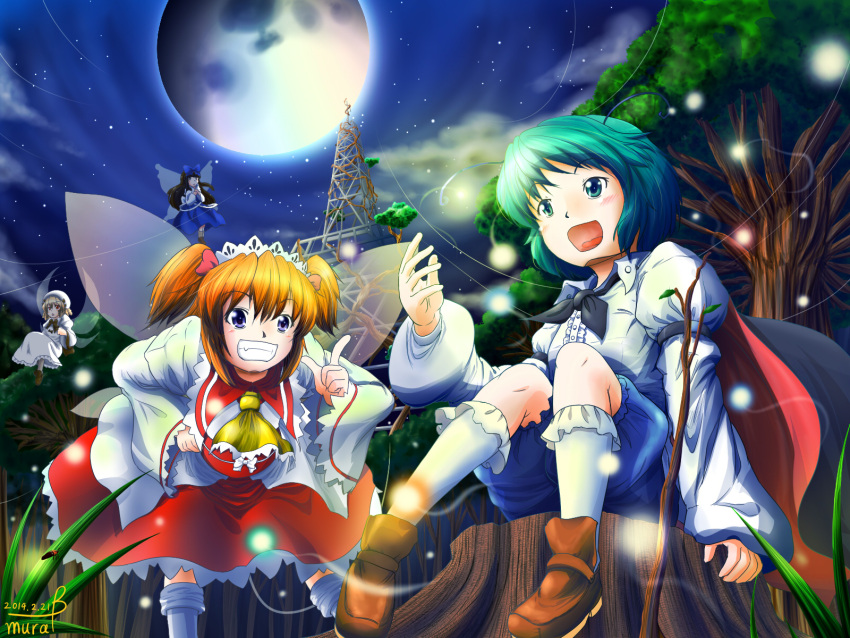 4girls antennae ascot black_hair blonde_hair blue_eyes bow cape dated dress drill_hair fairy_wings fang fireflies flying full_moon grass green_eyes green_hair grin hair_bow hand_on_hip hands_on_own_chest hat headdress highres index_finger_raised juliet_sleeves kneehighs leaning_forward light_trail long_sleeves luna_child moon mubii multiple_girls night obi open_mouth orange_hair outdoors puffy_sleeves radio_tower raised_hand sash shorts signature sitting skirt skirt_set sky smile star_(sky) star_sapphire starry_sky stump sunny_milk touhou tree twintails wings wriggle_nightbug