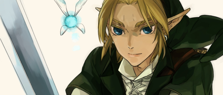 1boy blonde_hair blue_eyes copyright_request earrings fairy hat irohaniwoedotirinuruwo jewelry link looking_at_viewer navi pointy_ears sword tagme the_legend_of_zelda weapon