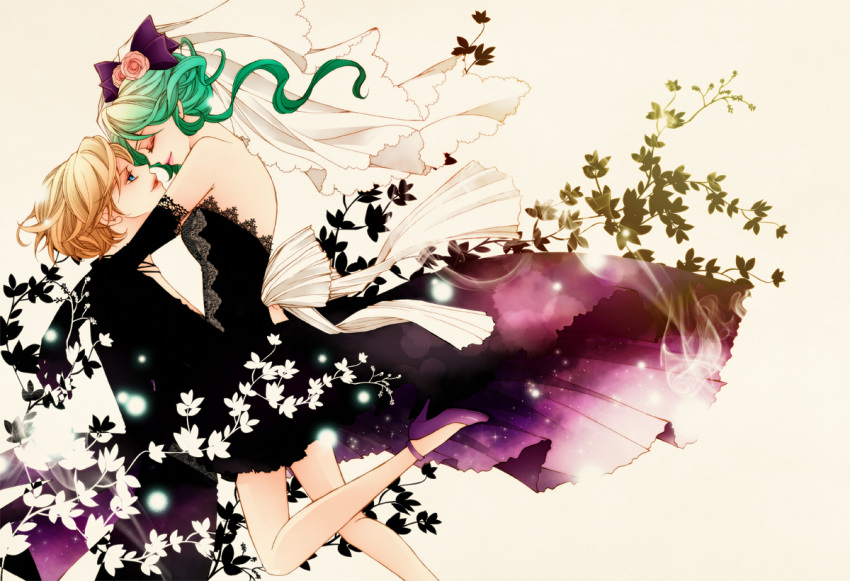 2girls alternate_hairstyle bishoujo_senshi_sailor_moon black_dress blonde_hair blue_eyes bow bridal_veil closed_eyes dress flower gloves green_hair hair_bow hair_flower hair_ornament high_heels hug kaiou_michiru multiple_girls pink_rose reverse_trap rose short_hair sizh smile ten'ou_haruka veil wedding